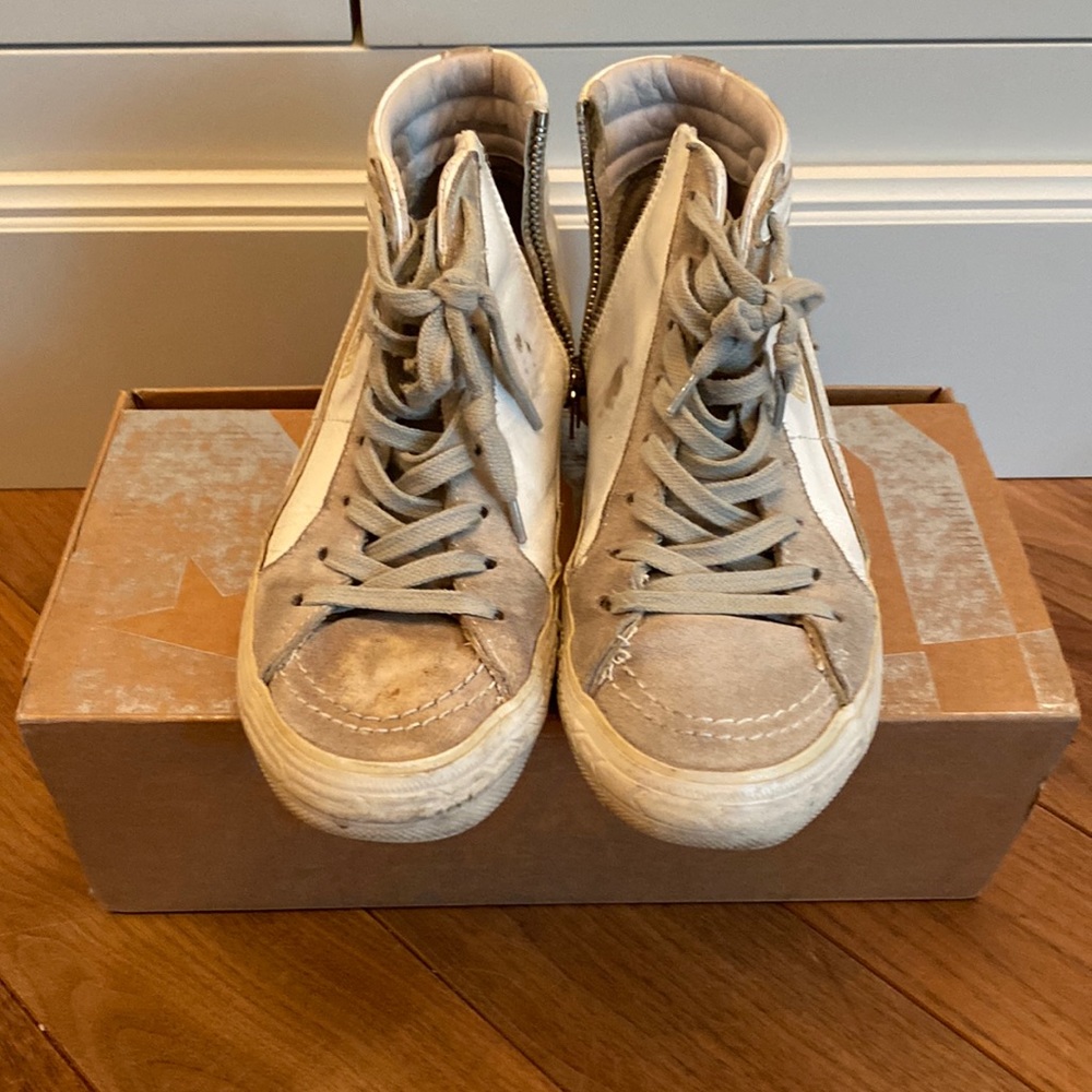 Golden Goose Gray and White High-Top Sneakers
